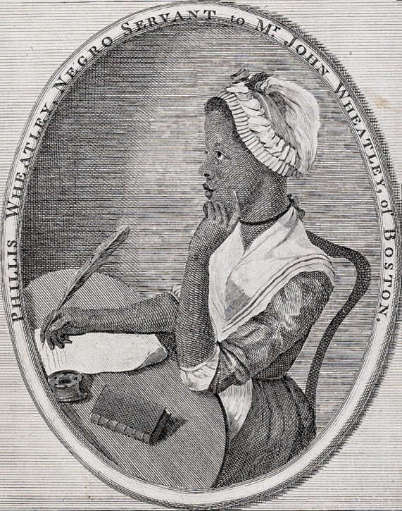 Black and white historic drawing of Phillis Wheatley sitting at a desk writing